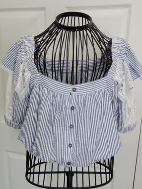 Maeve Striped Blue & White Lace-Trim Puff Sleeve Cropped Top Size Small